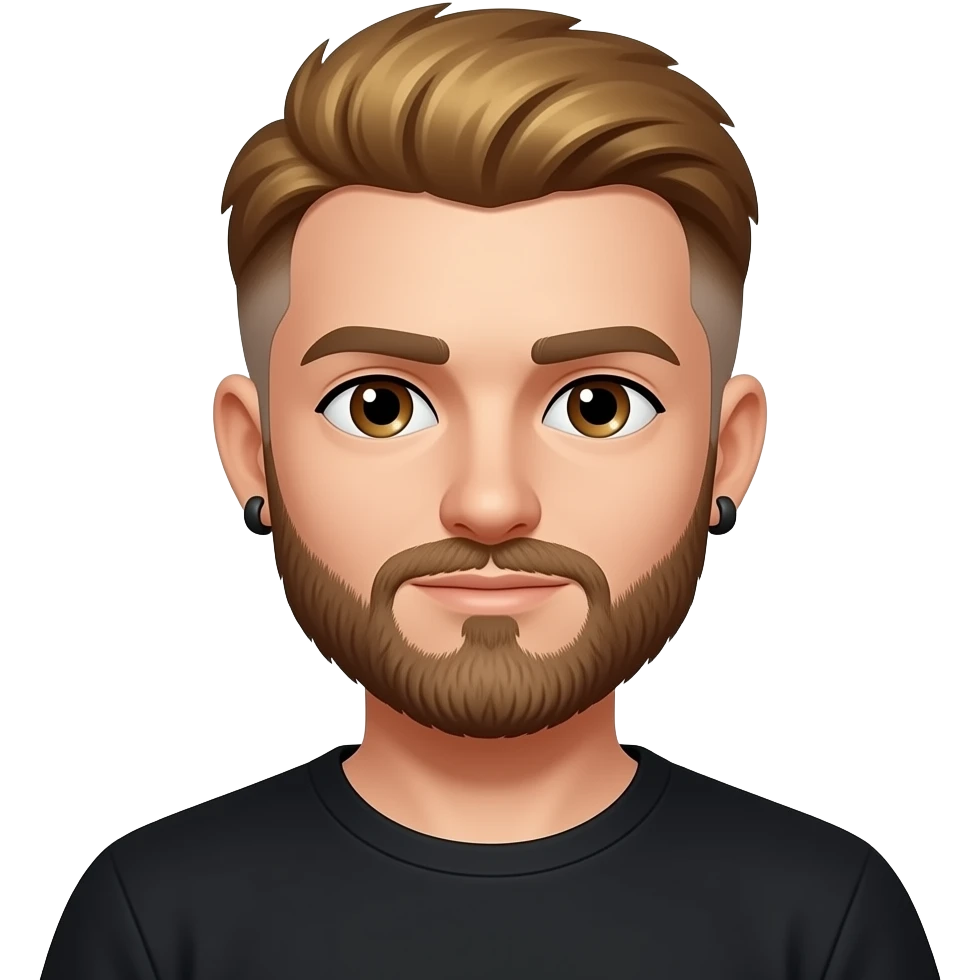 8-BitRyan with brown eyes, one side medium golden brown hair, one side buzz cut, brown short beard, black t-shirt, black earrings emoji