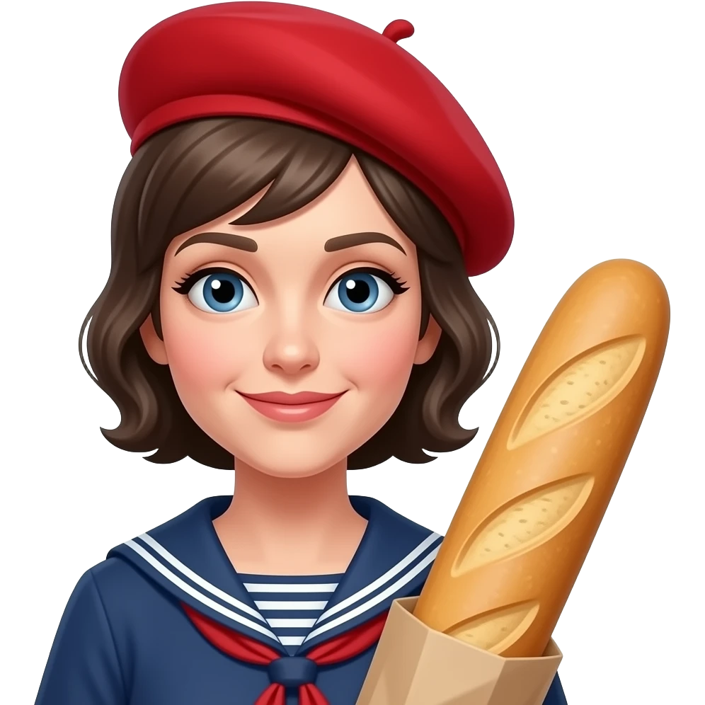 A French woman with a red beret, a sailor and a baguette of bread emoji