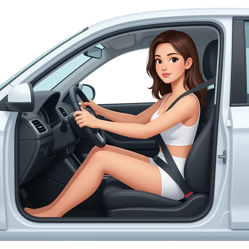 Topless asian woman, exposed breasts, driving car, no clothes emoji