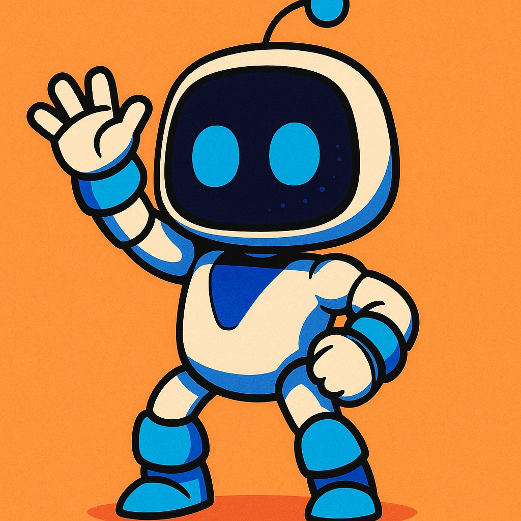 Astro Bot from PlayStation, cute robot with blue and white body, waving, vibrant toon style emoji