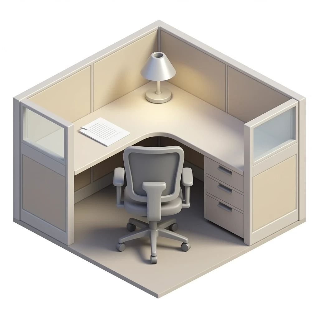 Apple-style 3D emoji icon, cubicle desk at 45° isometric angle, desk lamp on, ergonomic office chair, clear workspace, other than 1 file, rounded shapes, soft gradients, iPhone emoji aesthetic, neutral off-white background, high-resolution PNG. emoji