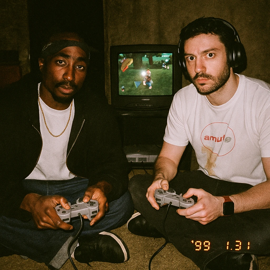 Create a grungy analog photo in 1999 style featuring a rapper in Tupac style (not recognizable) and the boy from the reference photo sitting on the floor. There is a 90s CRT TV with Ape Escape on Playstation 1 in a dimly lit room. Both hold Playstation 1 controllers and look at the camera with flash, creating a retro atmosphere. emoji