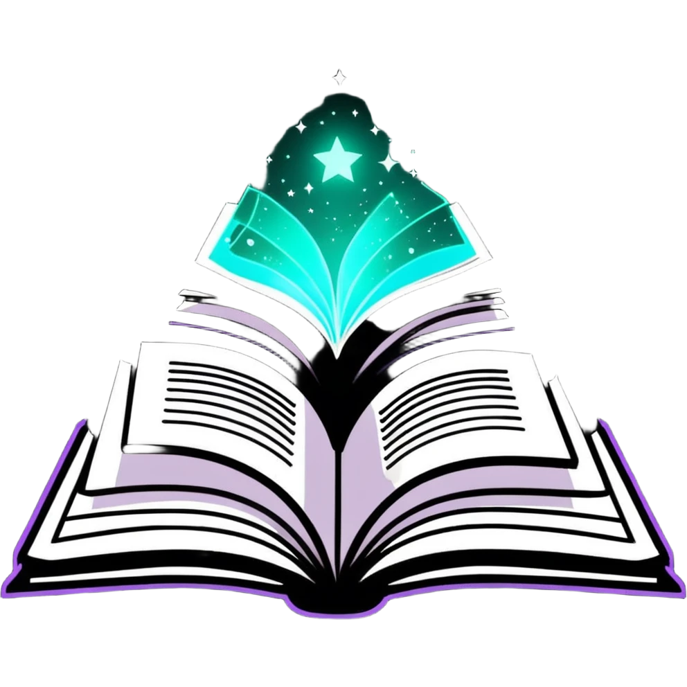 Open book with magical words and glowing sparkles floating above it emoji