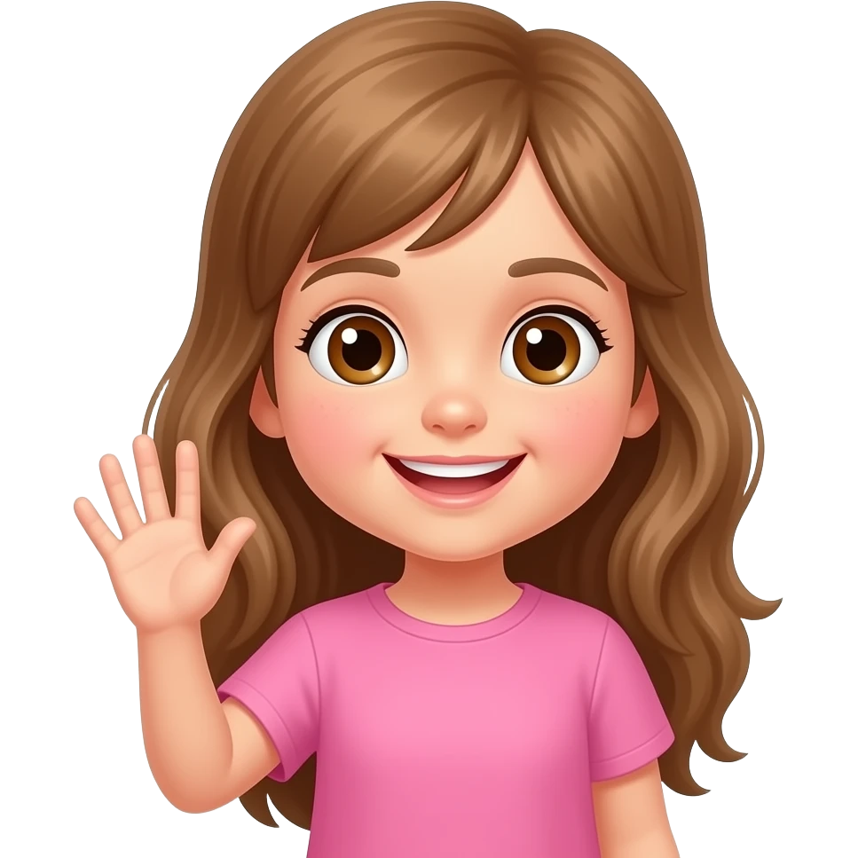 4 year old girl with long light brown hair and brown eyes wearing a pink shirt waving hello emoji