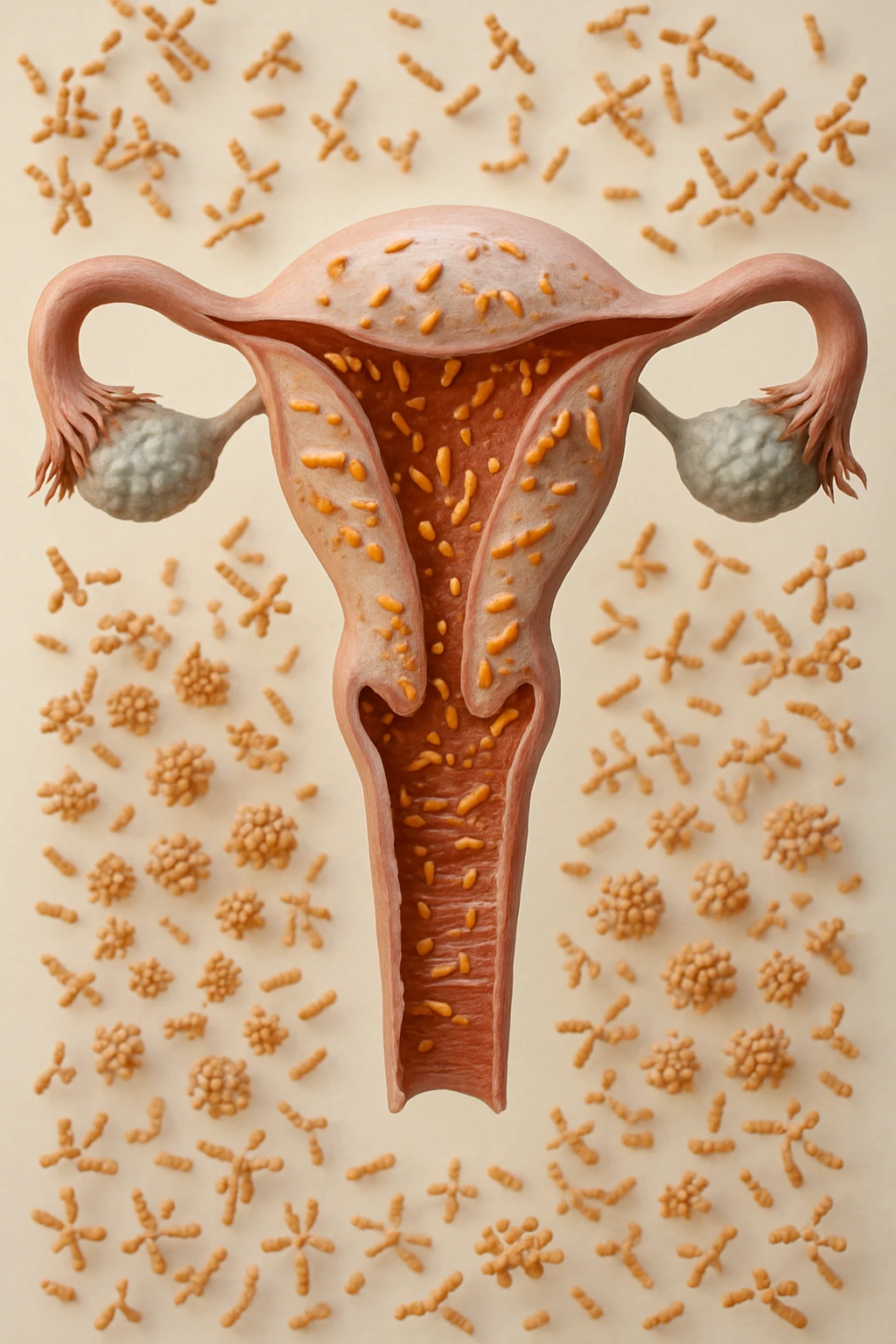 utero umano realistico con batteri della candida intorno, la foto si deve vedere per intero in formato verticale, sullo sfondo neutro chiaro ci sono batteri della candida, iperrealistico 4k emoji