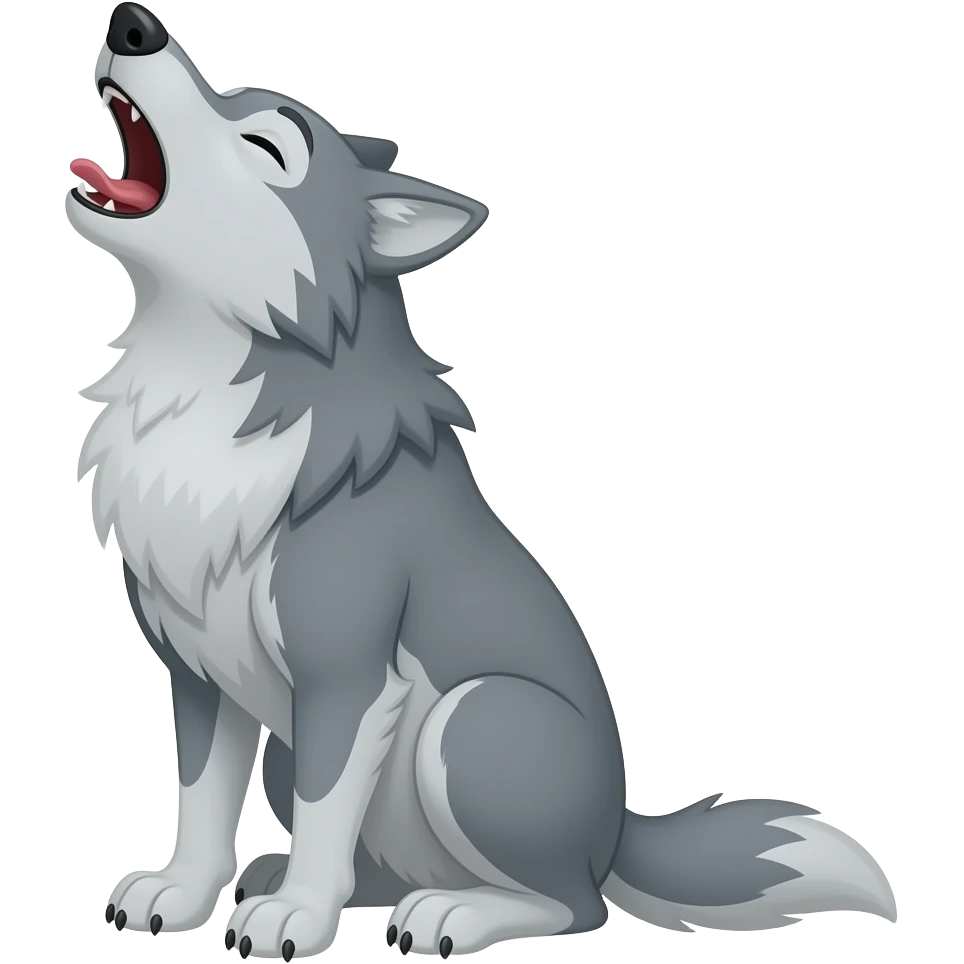A cartoon 2d gray wolf sitting down howling facing foward emoji