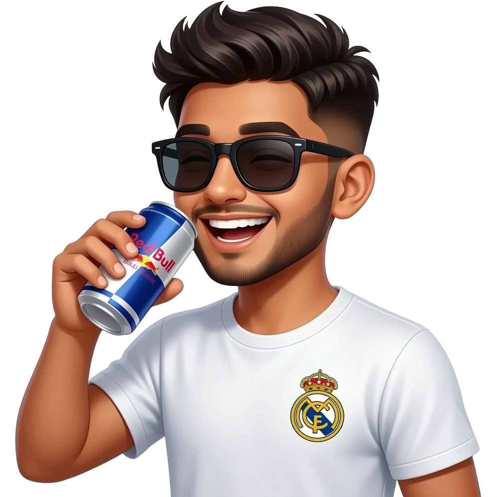 Indian young boy, athlete build laughing,, late teens, with light trimmed beard, side fades with messy spikes hairstyle, drinking red watermelon Can Red Bull with big dark black wayfarers and Real Madrid logo tshirt emoji