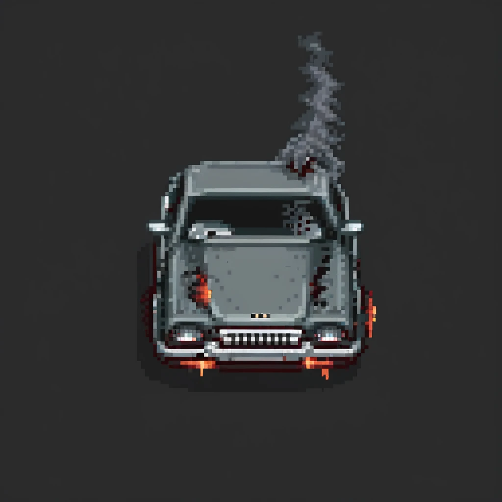 pixel art badly damaged car, blocky, with cracks, missing parts, smoke emoji
