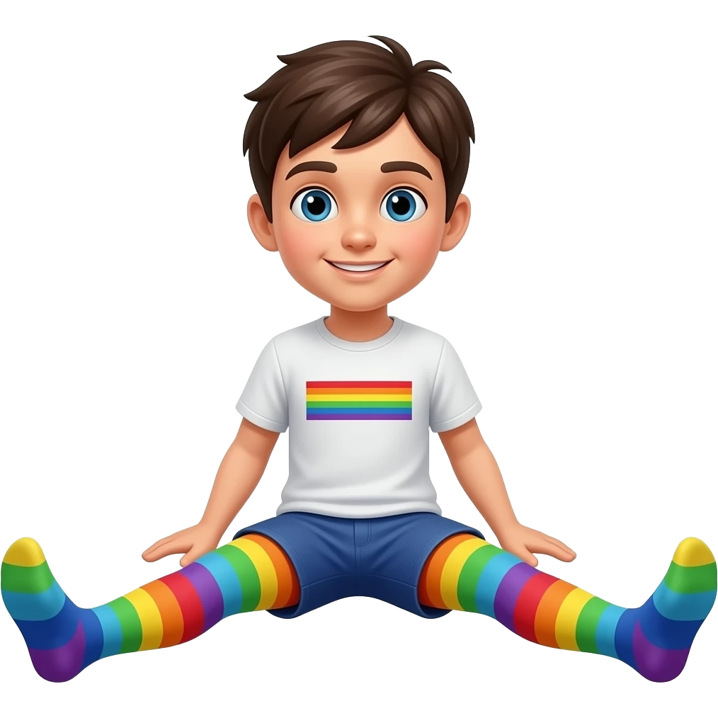 Boy in rainbow pantyhose legs spread emoji