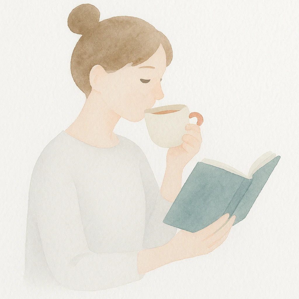 girl reading a book and drinking tea, gentle and artistic emoji