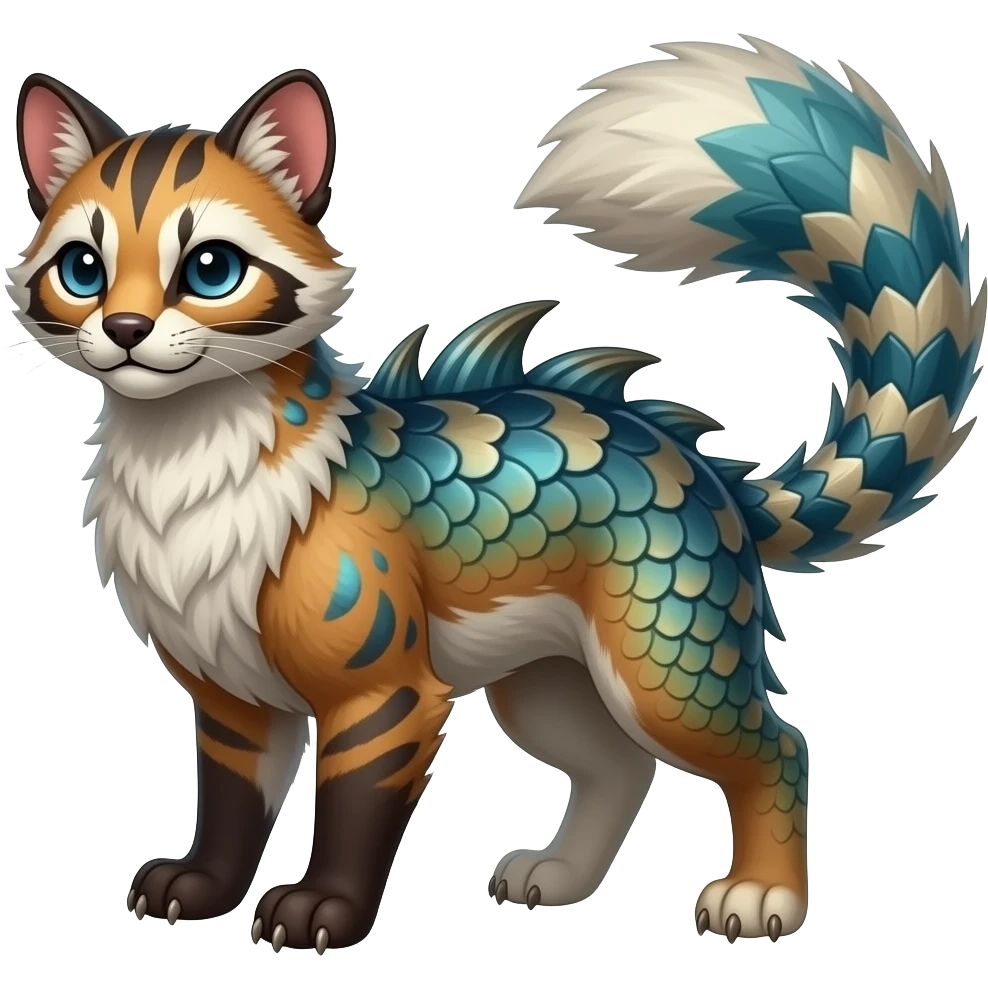 unique-patterned finned epic legendary vintage antique aesthetic quadrupedal fuzzy fury scaly feral fantasy-Civet-Luxray-Corsola-Primarina-Vaporeon-Milotic-Furret-Fakémon-fusion-hybrid-creature emoji