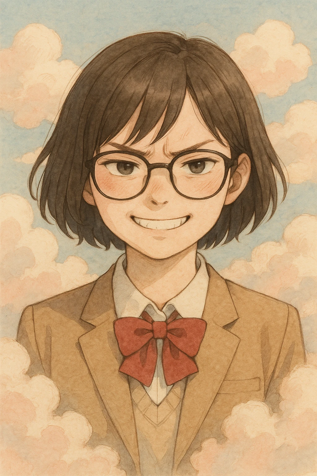 high school girl with glasses and short hair, smiling but with subtle signs of inner anger, surrounded by clouds, in a soft pastel illustration style emoji