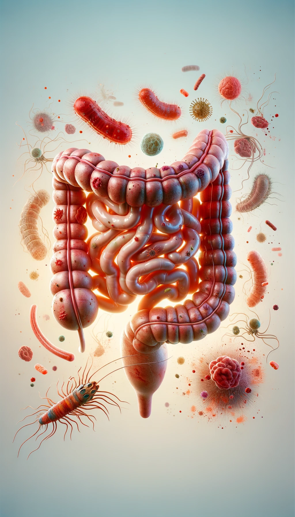 intestino umano anatomico con batteri e parassiti che gli fluttuano dietro, sfondo chiaro emoji