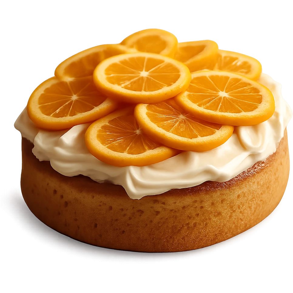 Remove the background, keep only the realistic round cake with orange frosting and candied orange slices, photorealistic style, transparent background. emoji