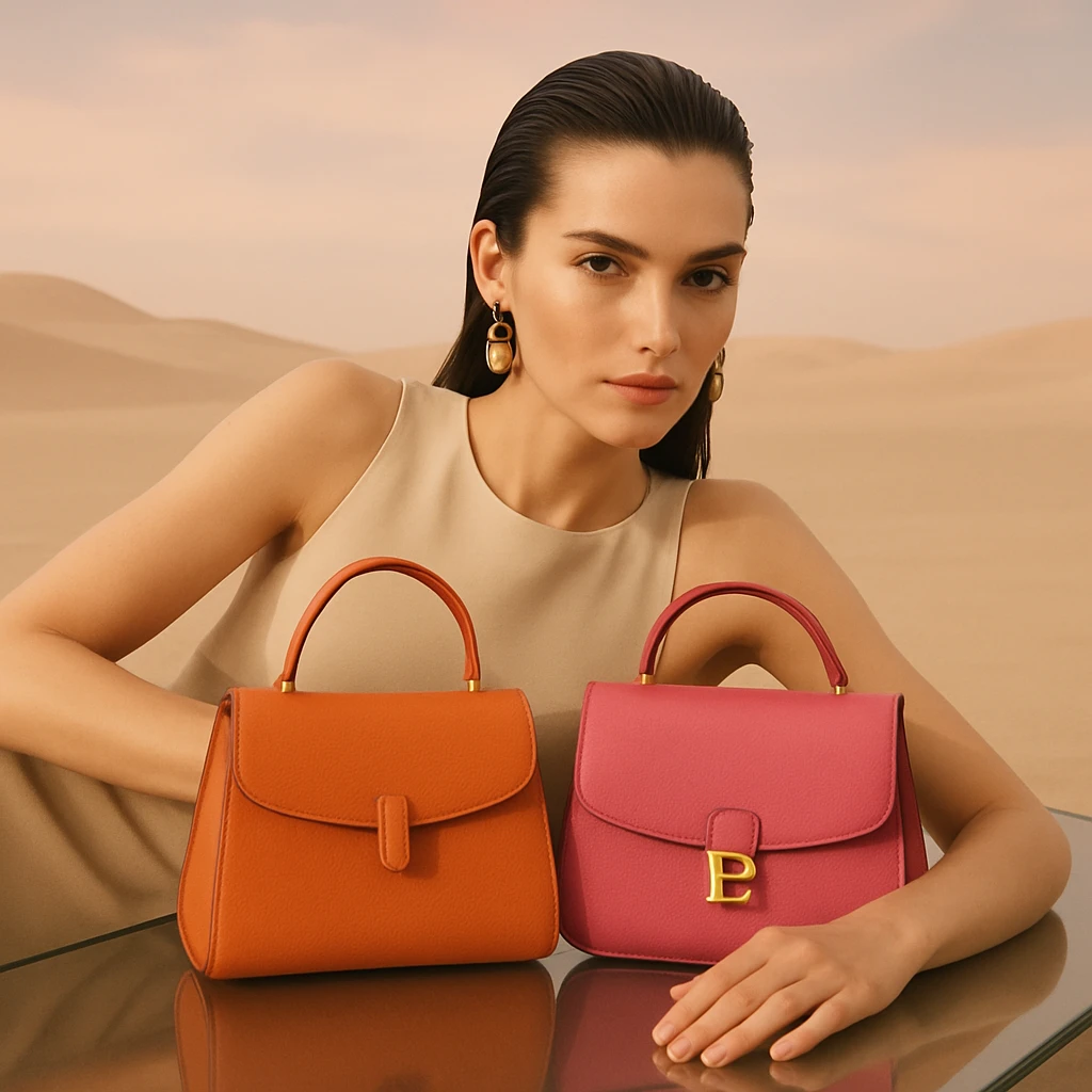 A woman with sleek wet hair, earrings, and a beige minimalist top lies on her side on a glass surface in a pastel desert, holding orange and pink designer bags. She gazes at the camera with a high fashion, luxury campaign vibe. emoji