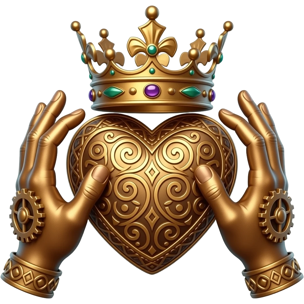 steampunk style - two bronze hands touch a bronze heart richly ornamented with arabesques with a richly decorated royal crown, dramatic lighting - backlight emoji