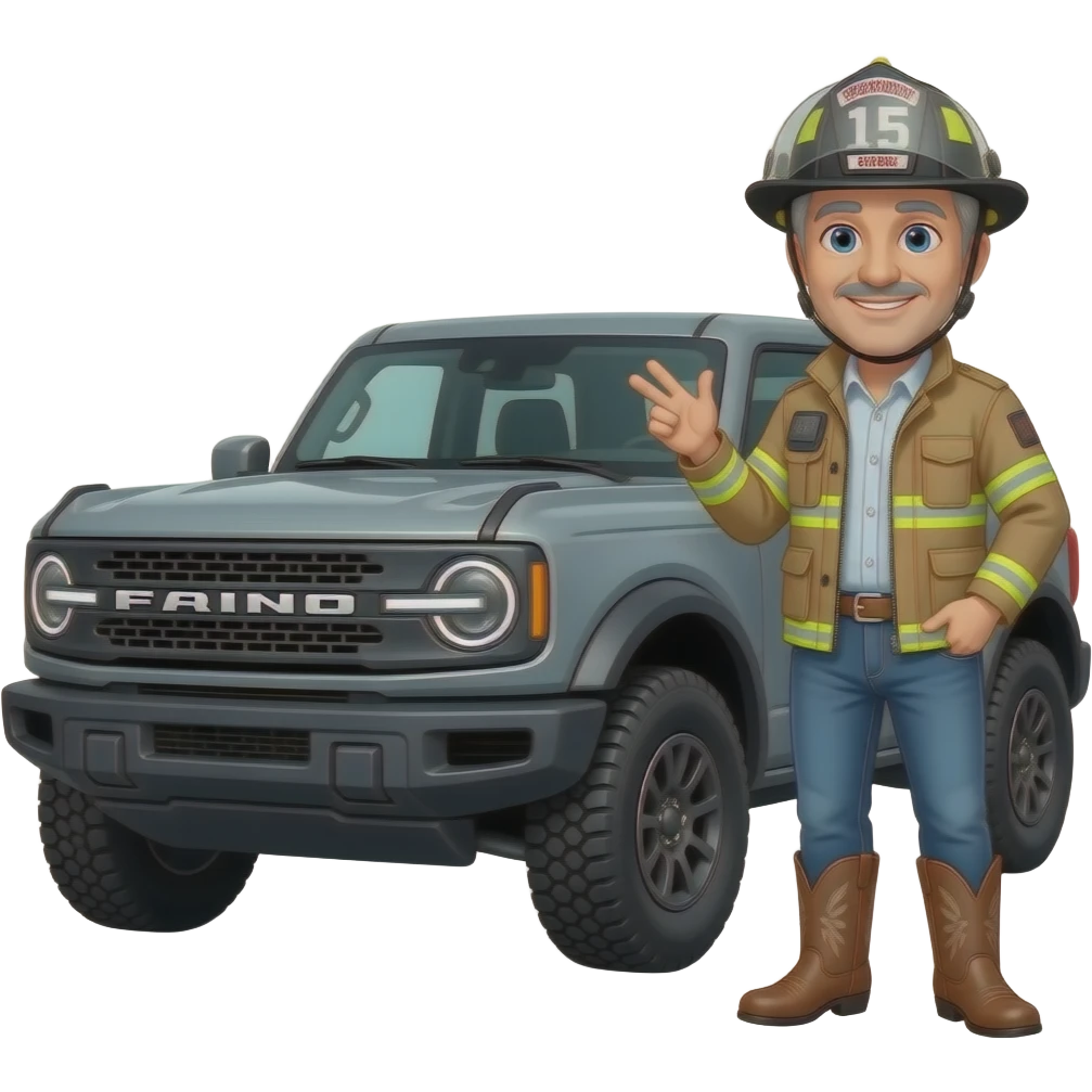 Ford bronco Cartoon emoji-style grey haired man in jeans, cowboy boots, and a firefighter helmet standing next to marsh gray colored 2025 ford bronco emoji