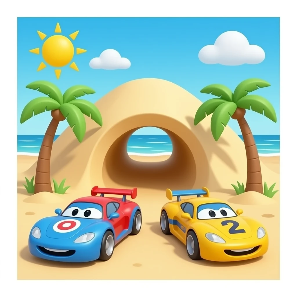 Create 2 toy race car at the beach with a tunnel of sand emoji