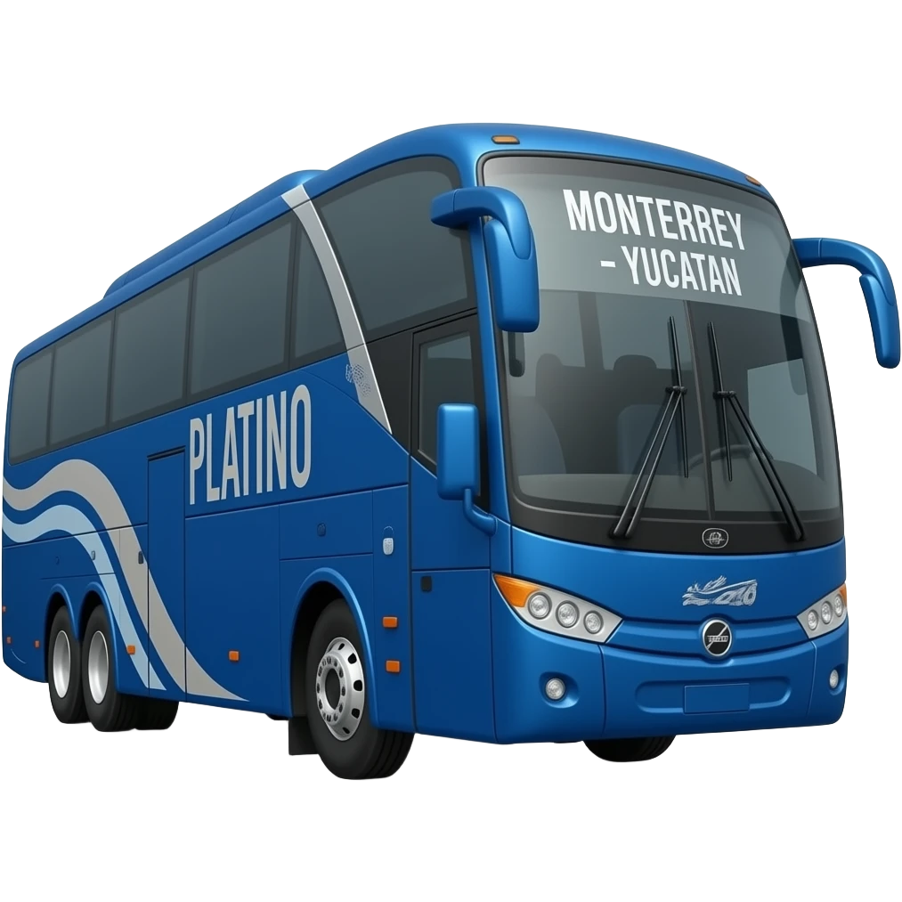 Volvo 9800 azul con letras ado platino y arriba en el vidreo diga monterrey- yucatan emoji