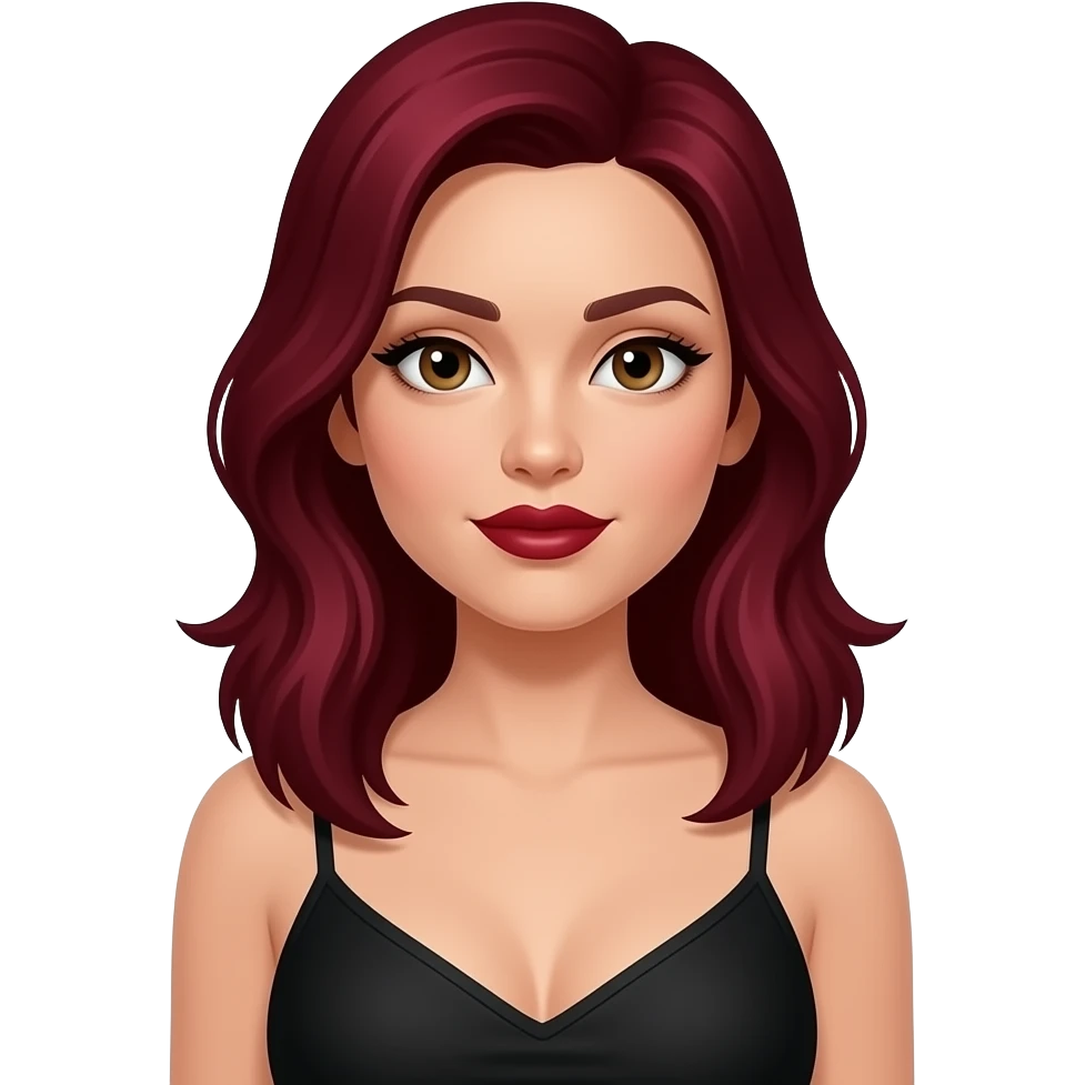 Dunkel rote haare, weiblich und helle hautfarbe dunkelroten lippenstift aber nir leicht und ein schwarzes top und mittlere oberweite emoji