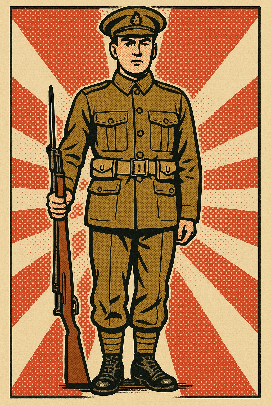 The full body of a British soldier standing up straight with his rifle by his side. The soldier is facing forward emoji