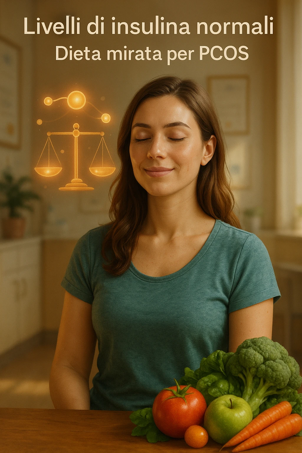vertical realistic and cinematic illustration of a healthy and serene woman with normal insulin levels thanks to a targeted diet for PCOS, visual elements suggesting hormonal balance and well-being, positive clinical atmosphere, warm lighting, Italian captions, aspect ratio 2:3 emoji