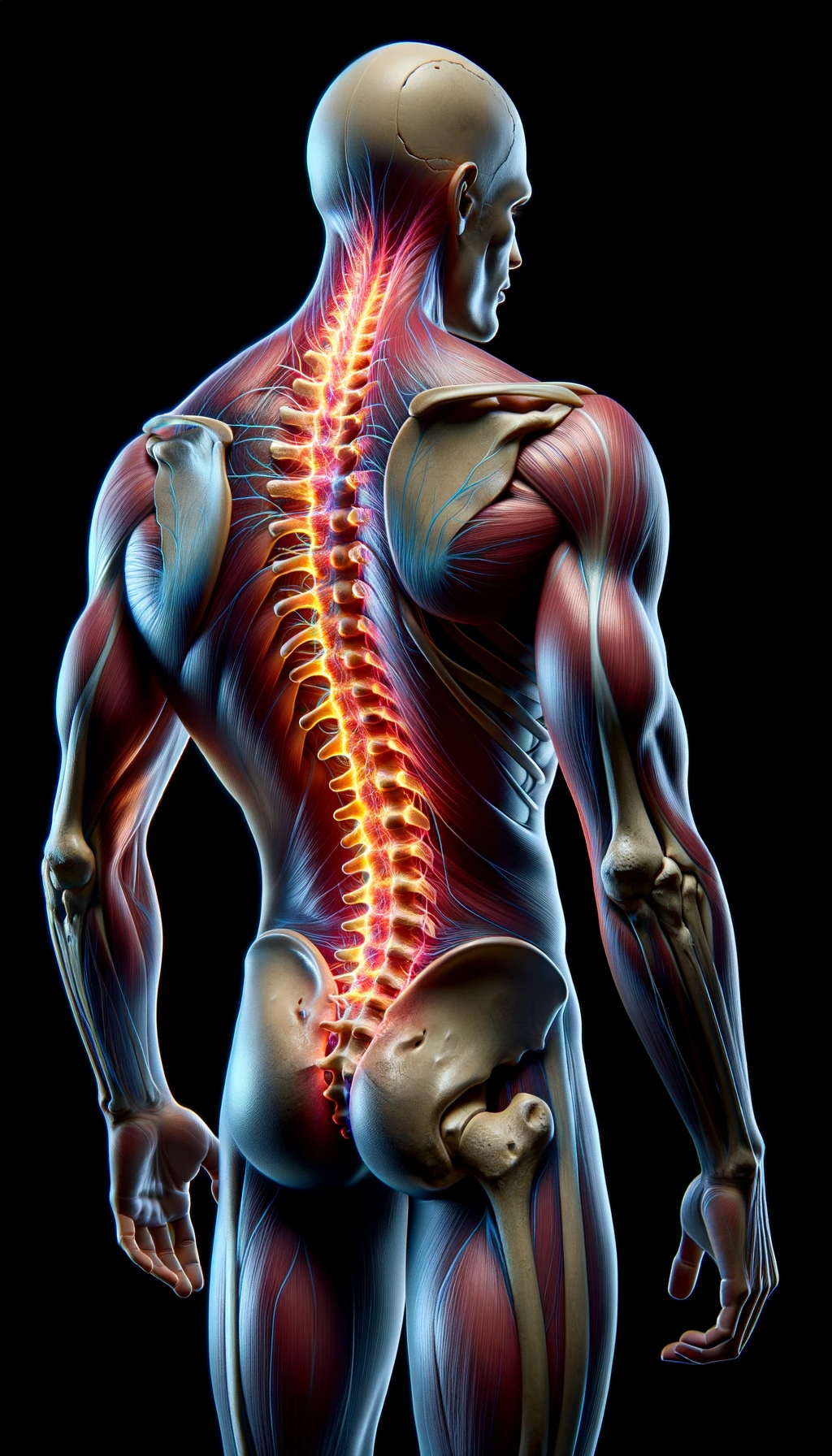corpo umano anatomico di spalle e fisico storto, spina dorsale in evidenza, dolore alla schiena su un lato, iperrealistico 4k emoji