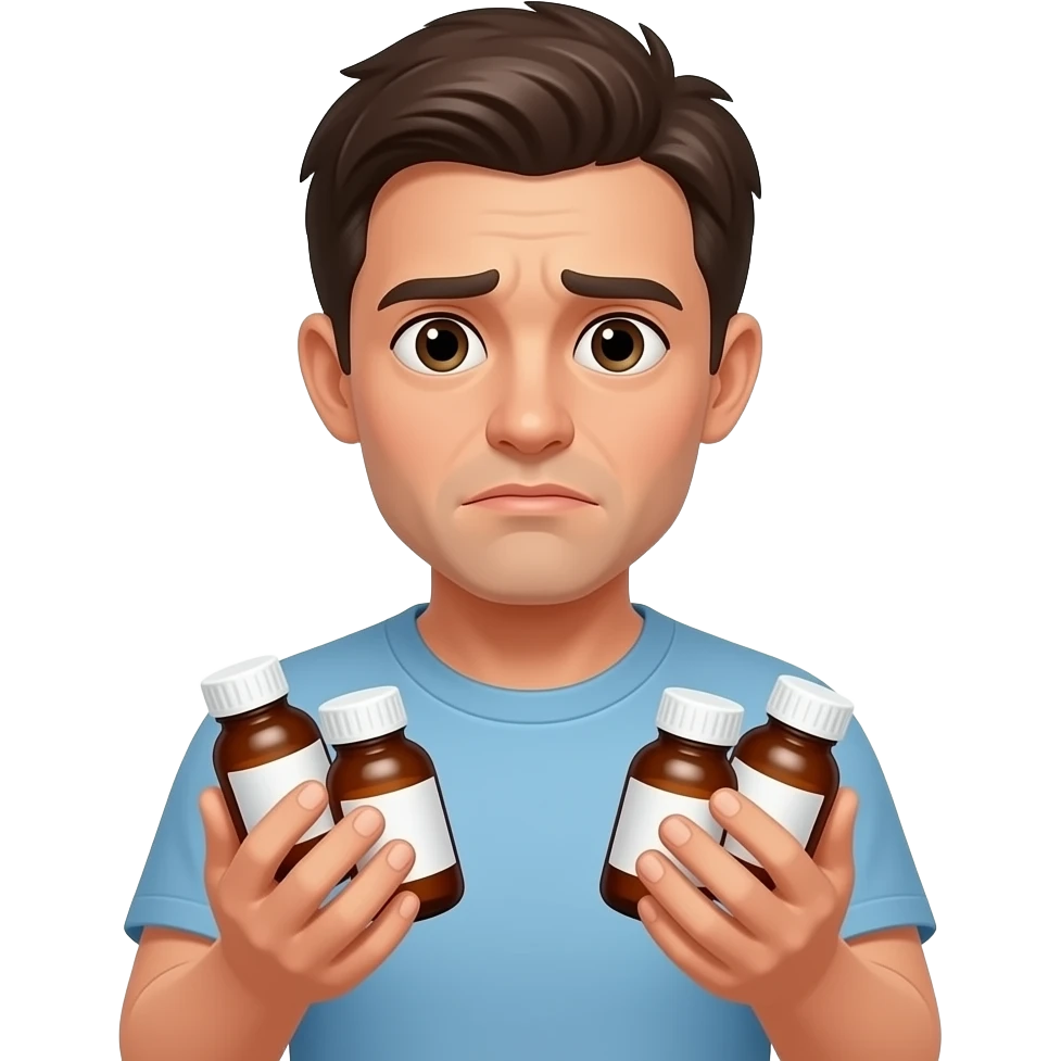 A weak man holding plenty medicine say  chinese words「有病就食藥」 emoji