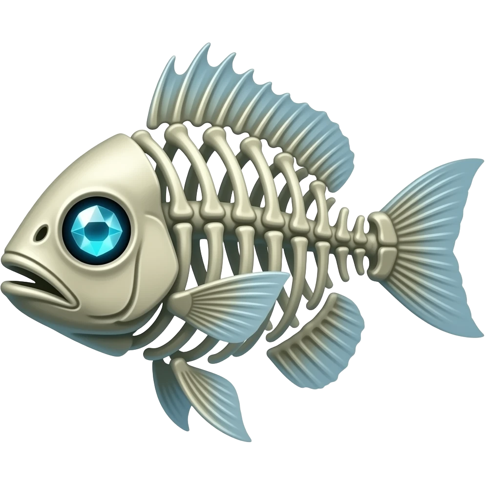one fish, skeleton, diamond glow eye, ethereal, punk emoji