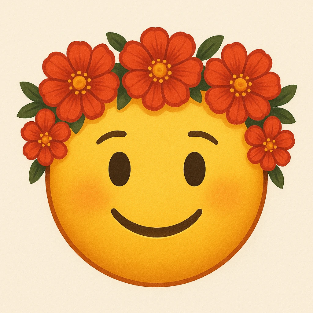 yellow face with red flower crown emoji, digital illustration emoji