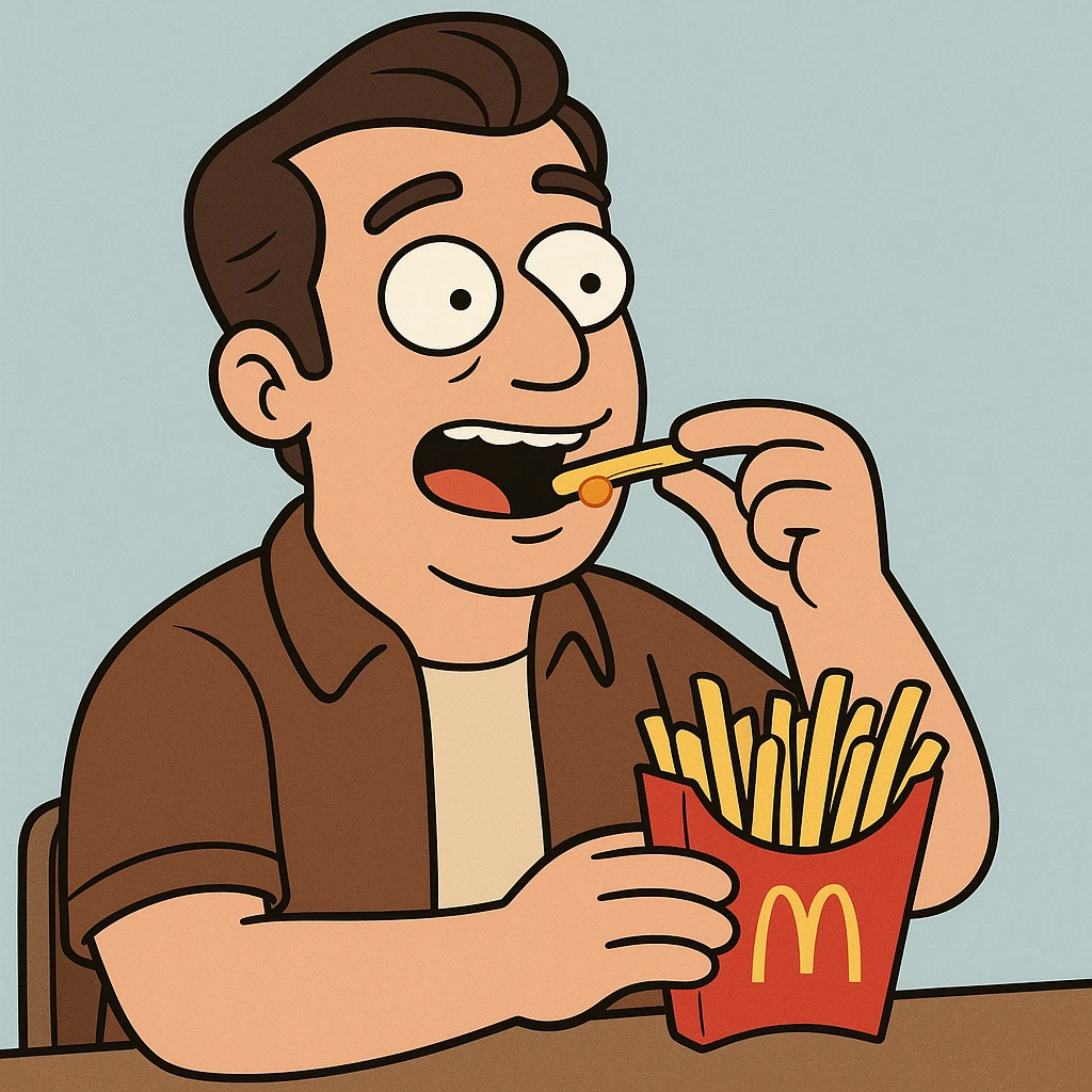 Side oil head brown shirt beige shirts  eating mcdonalds fries some sauce emoji