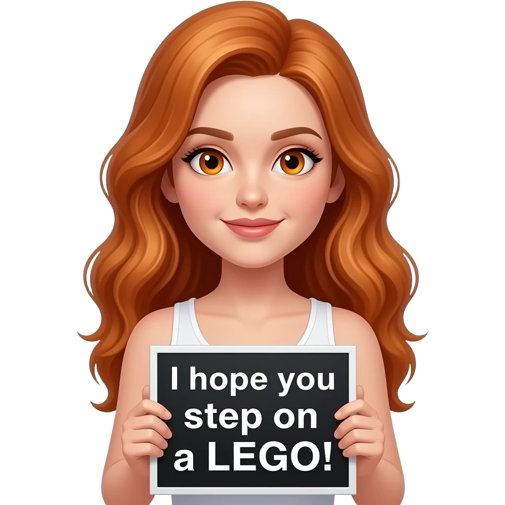 sexy girl with long wavy ginger hair and ginger eyes wearing a white tanktop is holding a black colored sign with I hope you step on a LEGO! written on it emoji
