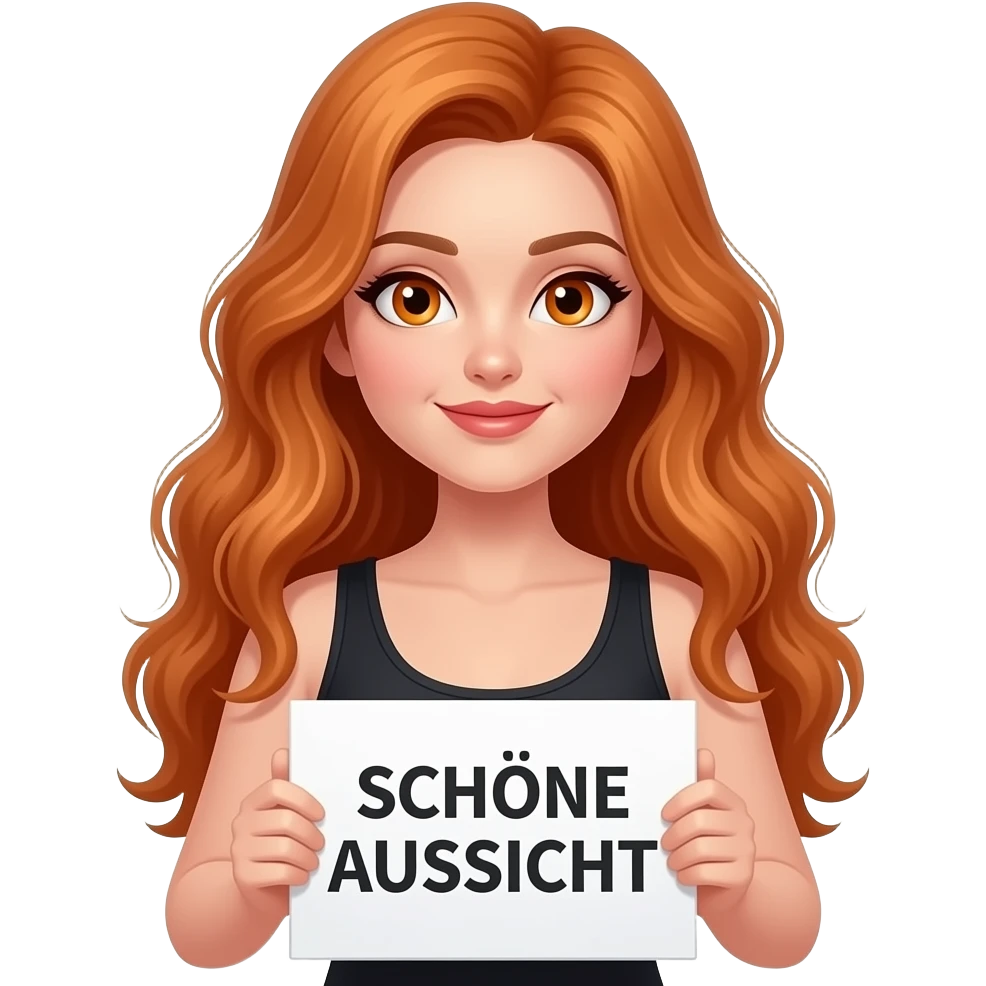 sexy girl with long wavy ginger hair and ginger eyes wearing a black tanktop is holding a white sign with SCHÖNE AUSSICHT written on it emoji