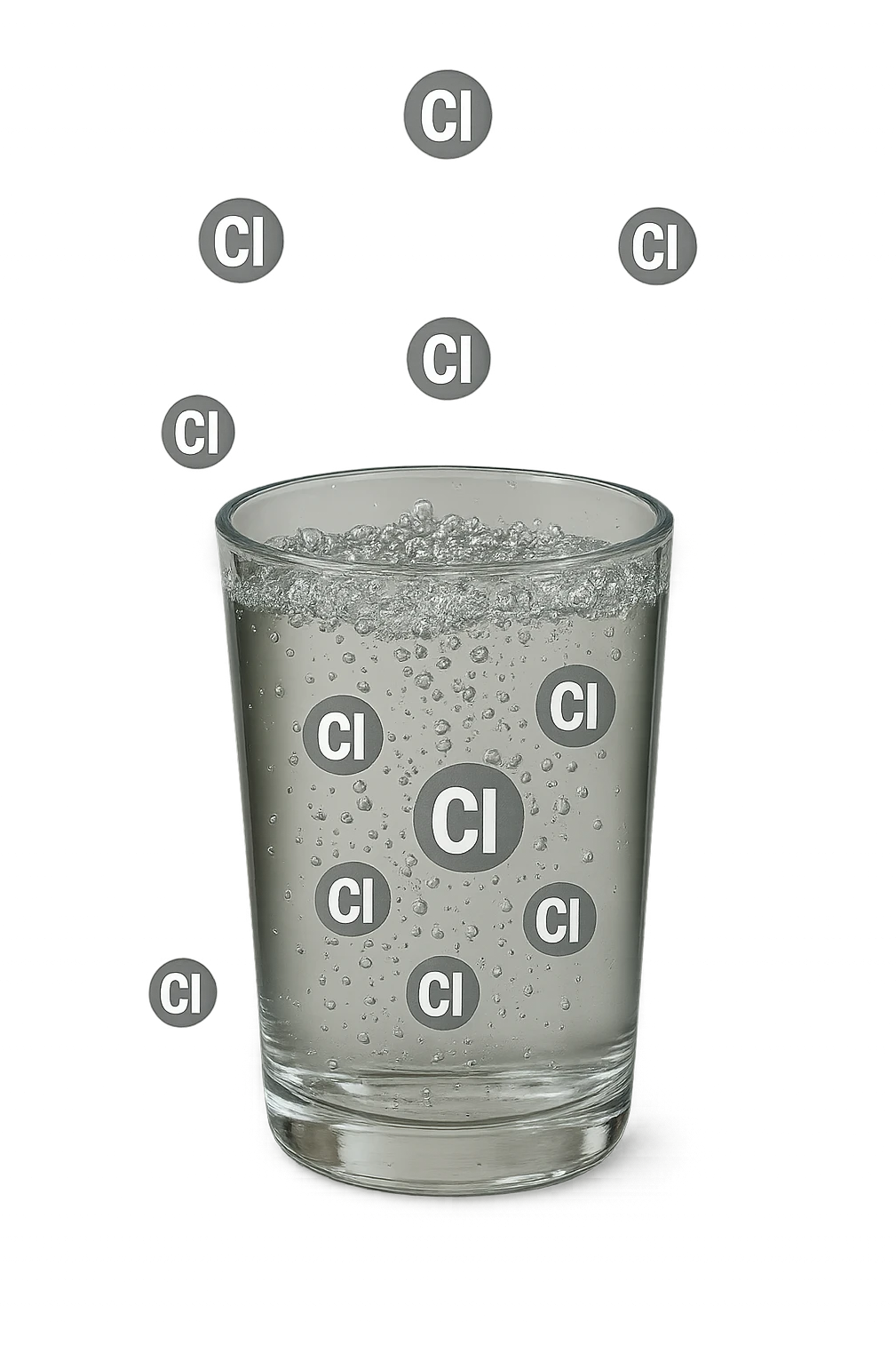 un bicchiere di acqua cade verticalmente dall'alto realistico e dettagliato, dentro l'acqua del bicchiere ci sono particelle di cloro ben visibili con la scritta "Cl" sopra, ci sono particelle anche che escono dal bicchiere e fluttuano in aria verticalmente, mentre alcune sono all'interno dell'acqua nel bicchiere, iperrealistico 4k emoji