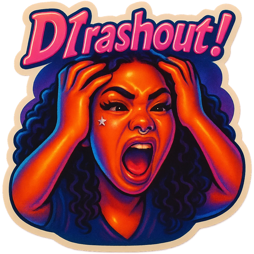 Shout 
Holding head 
add the wordsD1 Crashout!  in pink  emoji
