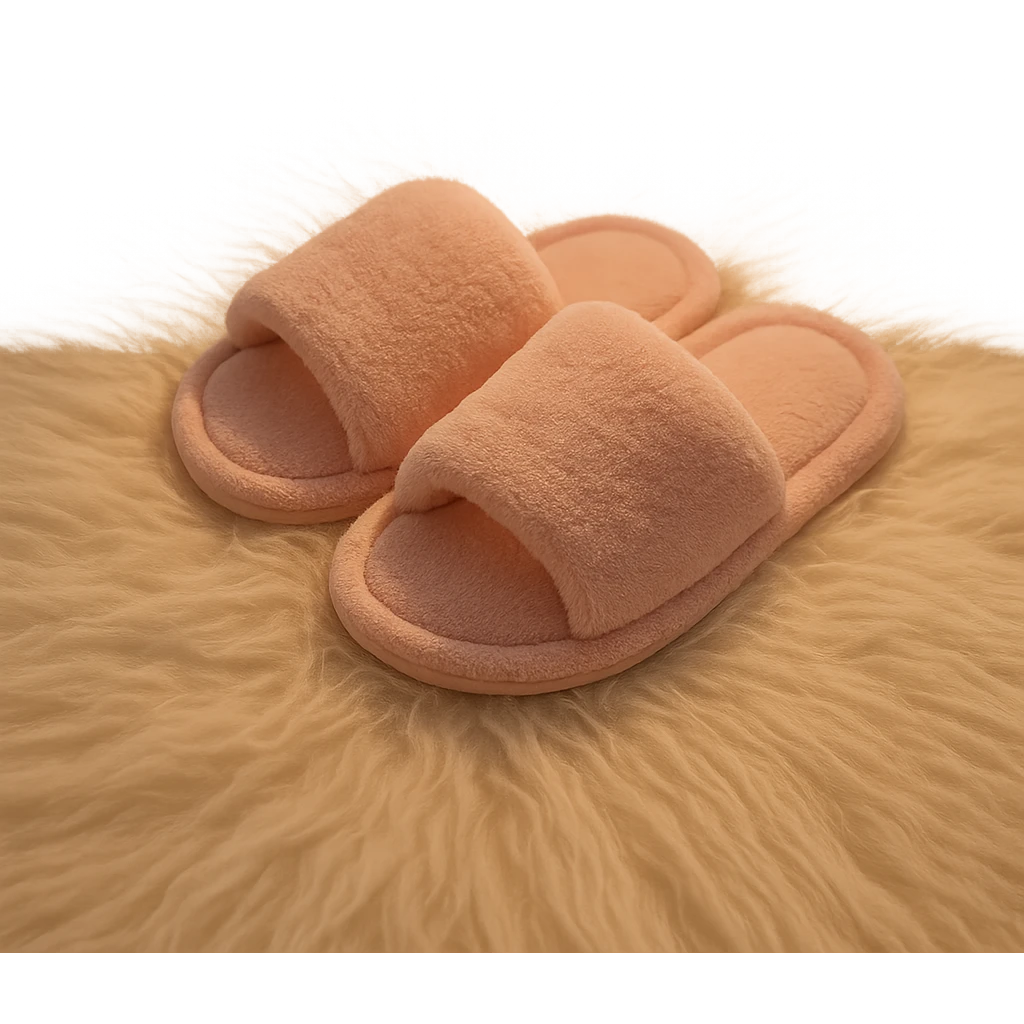 pink cozy slippers on a fluffy rug, soft lighting emoji