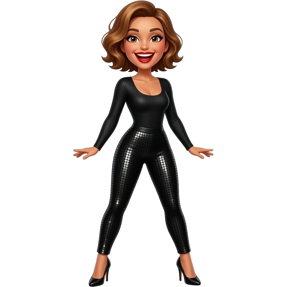 glamours,-tanned,-very-beautiful-woman-with-big-plump-red-lips,-long-long-lashes,-honey-silky-very short- hair,-wavy-hair,-hazel-eyes- wearing-black-Long-sleeved-bodysuit-and-black-sequinned-pants-black-black stilettos-and-laughing-out-loud-full body emoji