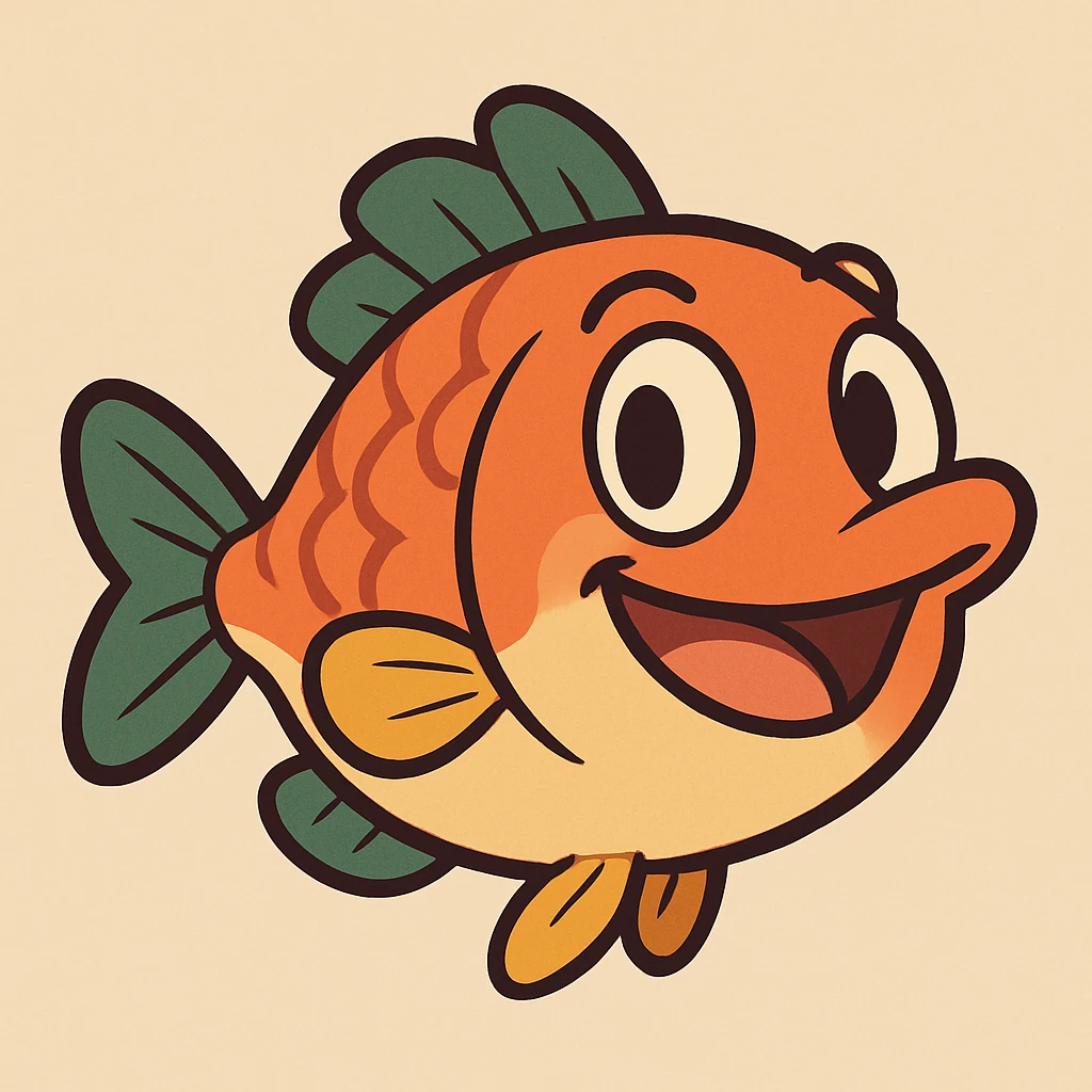 Animal Crossing style fish, bright colors, smiling, simple background emoji