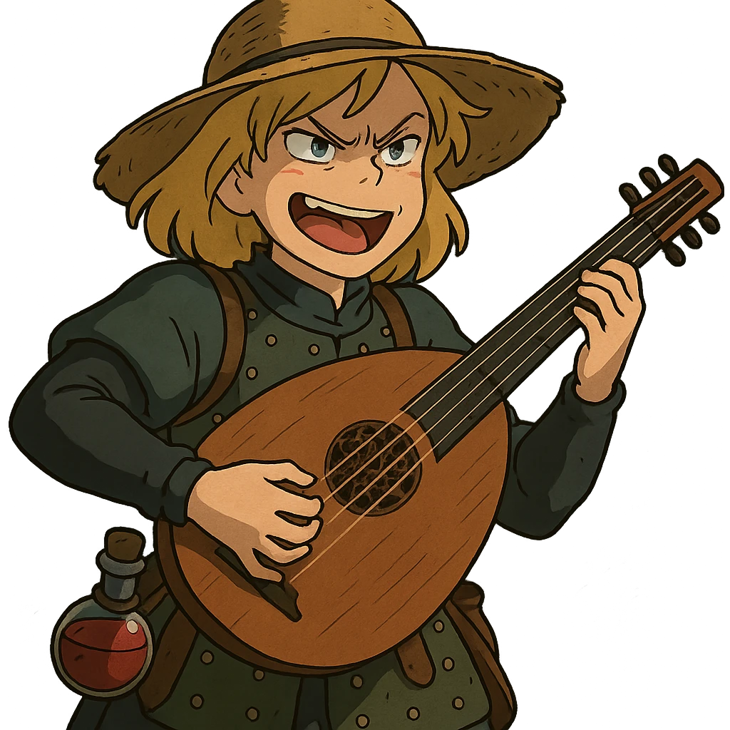 A female bard , blond hair, wearing brigandine armor with a sturdy straw hat, playing a fat medieval lute and singing, night time shadows, tool belt with red potion and bandages, portrait , mischievous grin, anger emoji