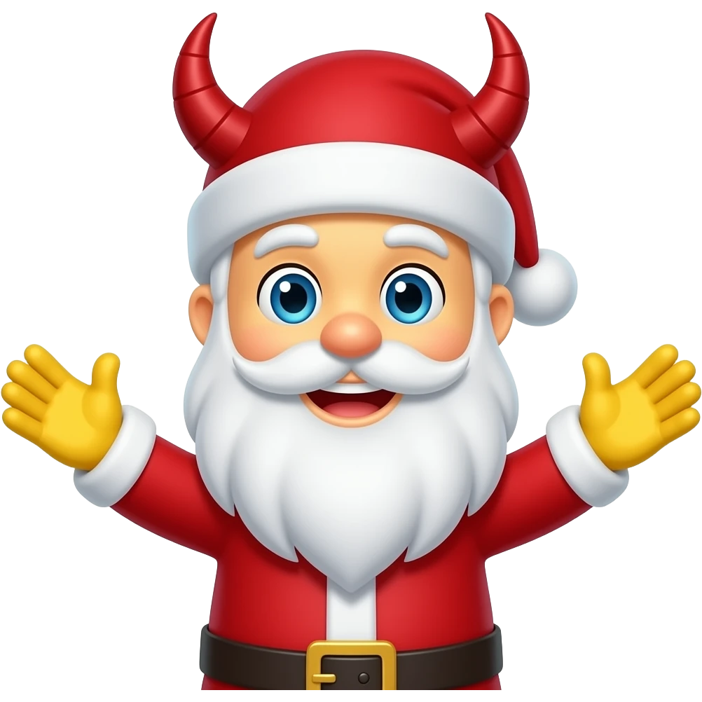 like Santa Claus yellow face or gloves blue eyes but with red devilshorns throughly the hat with yellow smiling face and open arms like that 🤗and without glasses and overlipbeard!!! emoji