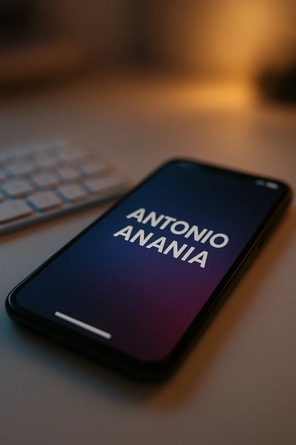 A photo of an iPhone with the message "Antonio Anania" on its scree, both surrounded by soft light and shadow. The phone sits atop a desk with a blurred background that suggests work environment. A faint glow from above casts gentle shadows across the surface of each object, creating depth and highlighting their textures. emoji