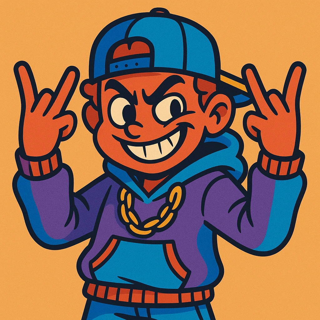 playful, devious character flashing the YVL hand sign with both hands, streetwear outfit, bold outlines, expressive face emoji