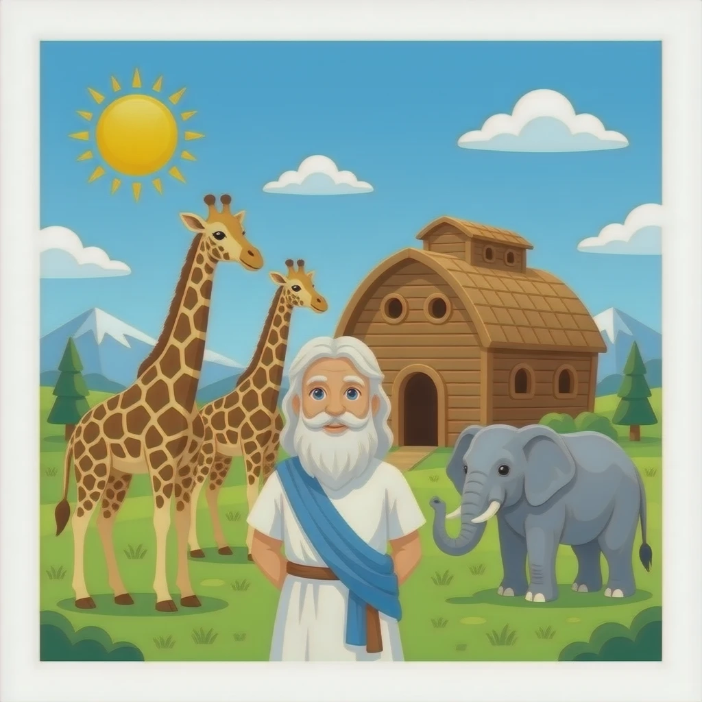 Noah’s Ark with Noah and two giraffes and two  elephants emoji