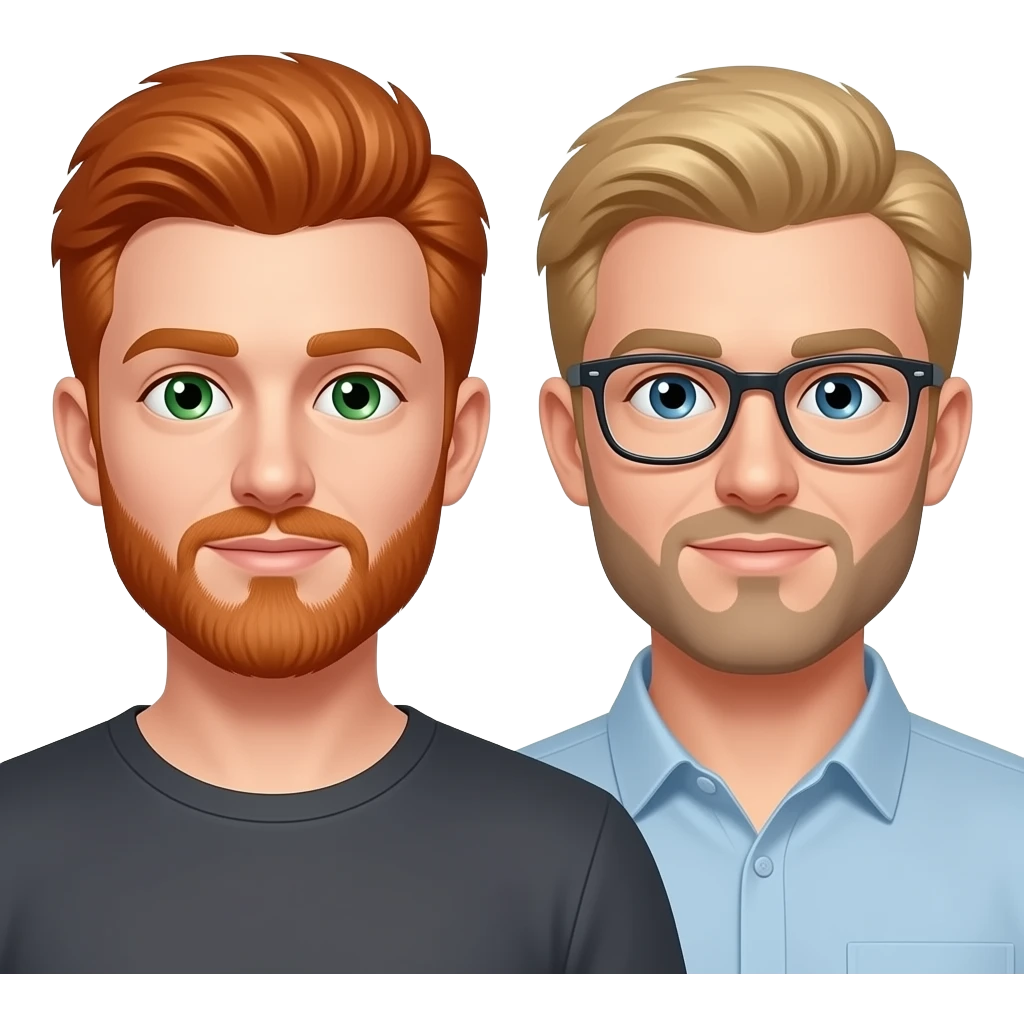 Redheaded male, green eyes, short beard, and a blonde male, short beard, glasses. Standing like a couple emoji