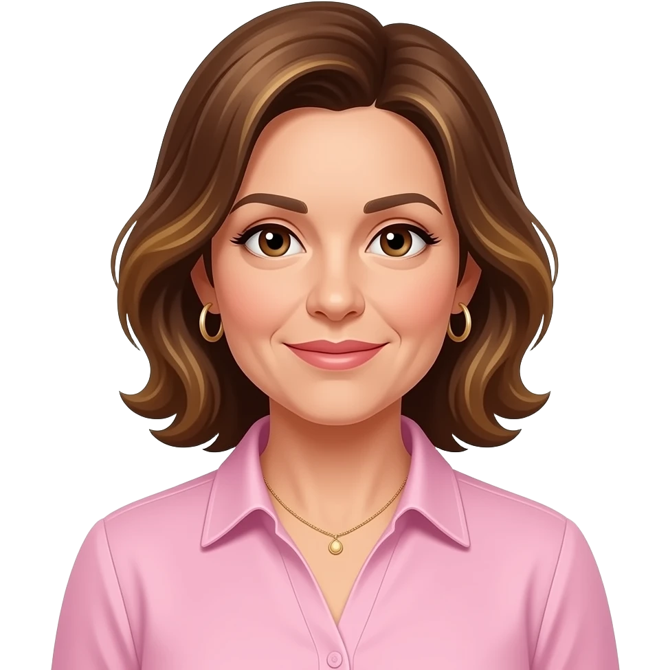 woman in 40s with brown highlighed hair hair pink formal shirt with collar, wearing hoop earrings and necklace, brown eyes, hoop earrings and necklace emoji
