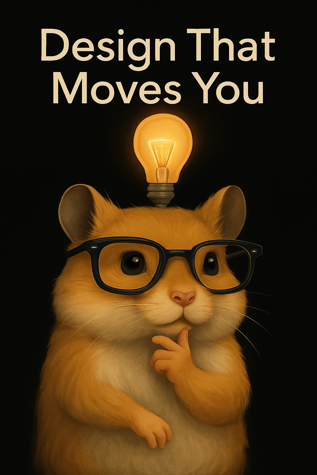 Add the text 'Design That Moves You' in a modern, clean font above or beside the modern, semi-realistic hamster with cool glasses and a lightbulb on a solid black background. Maintain the modern, semi-realistic style of the hamster with cool glasses and a lightbulb as in the reference image. emoji