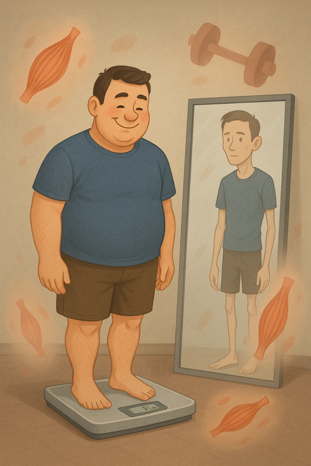 a man stands on a scale, smiling at the lower number, but his reflection in a nearby mirror shows a thinner, but also visibly weaker and less muscular body. Around him, floating icons or faded images of muscle fibers and dumbbells highlight the overlooked loss of muscle mass. The mood is cautionary and educational. in italiano emoji