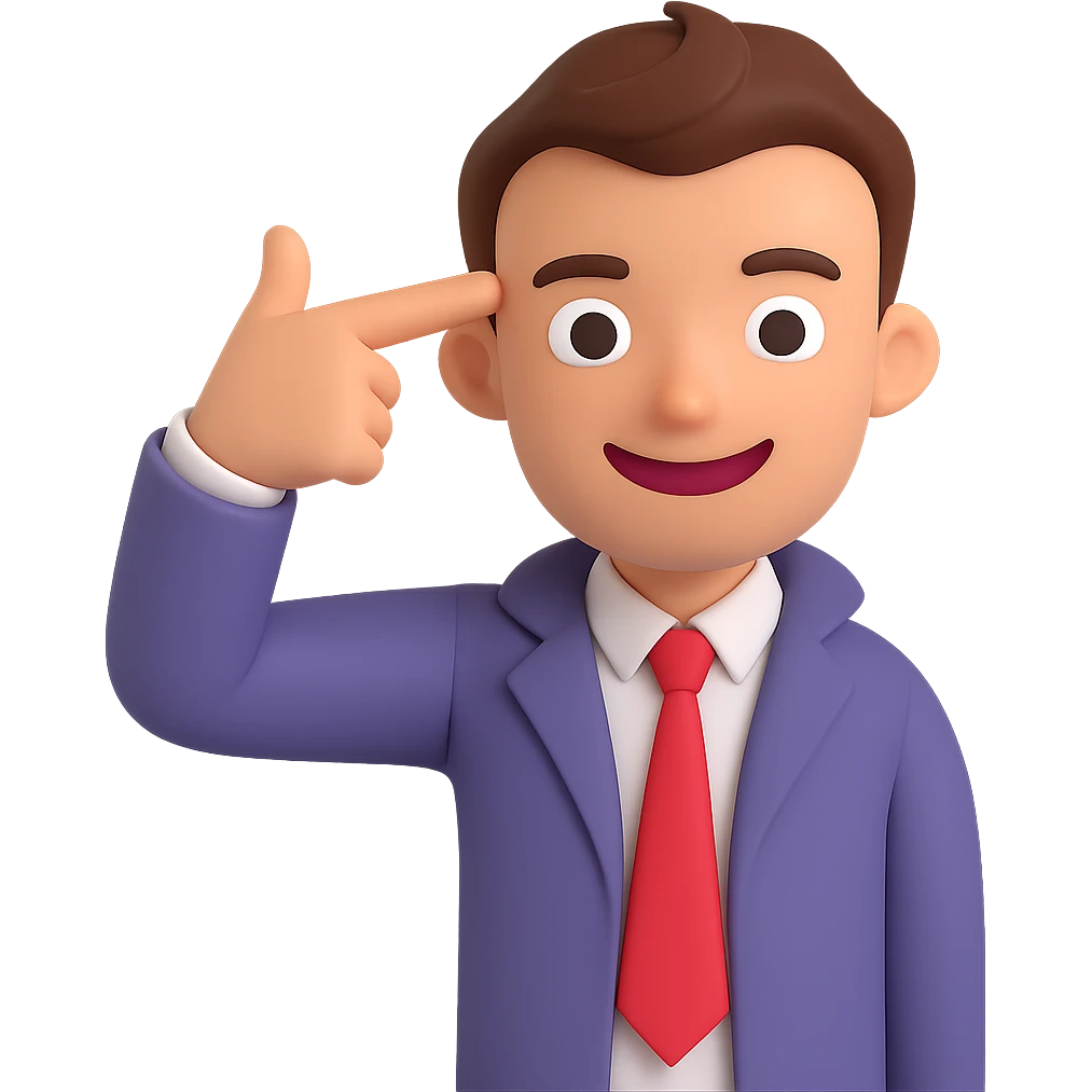 Adjust the cartoon person so they point the finger gun directly at their temple, in the style of the 'blowing brains out' gesture (not graphic), still smiling. Keep the background transparent. emoji