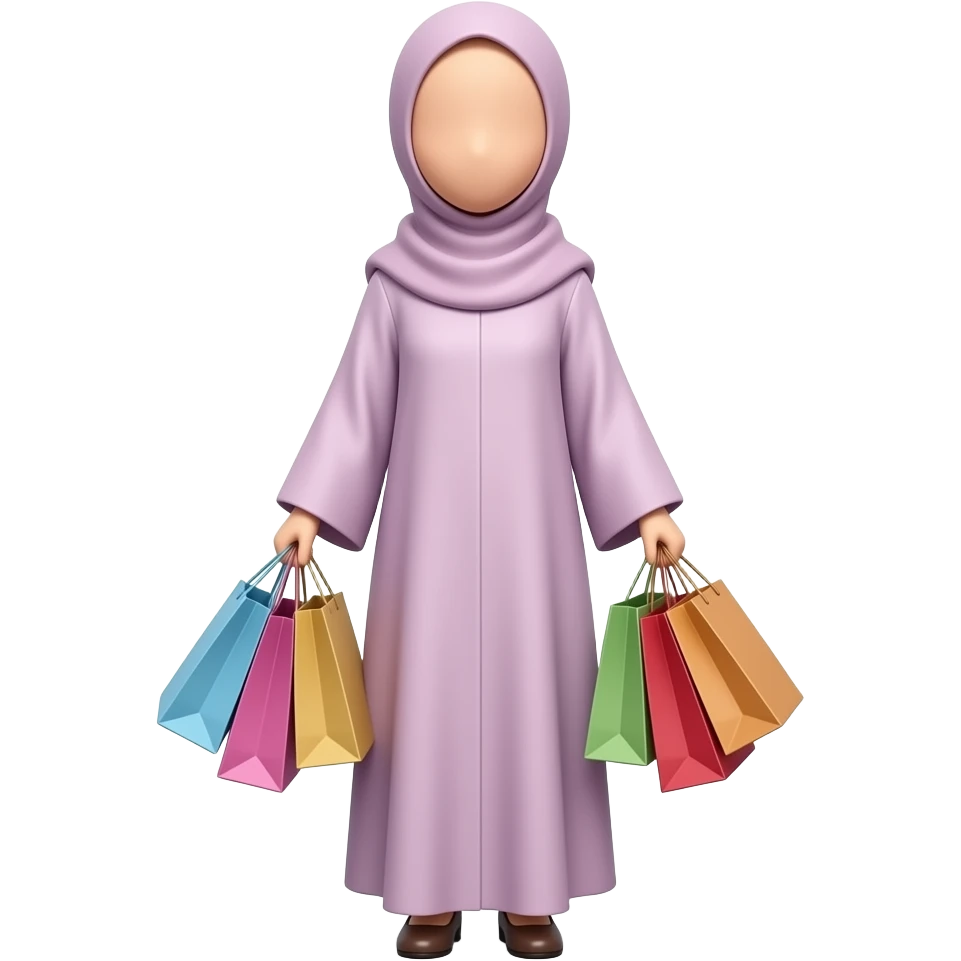 Faceless Muslimah in a pastel abaya carrying many gift bags, head tilted slightly away, back to the camera. Sticker design, vector style. emoji