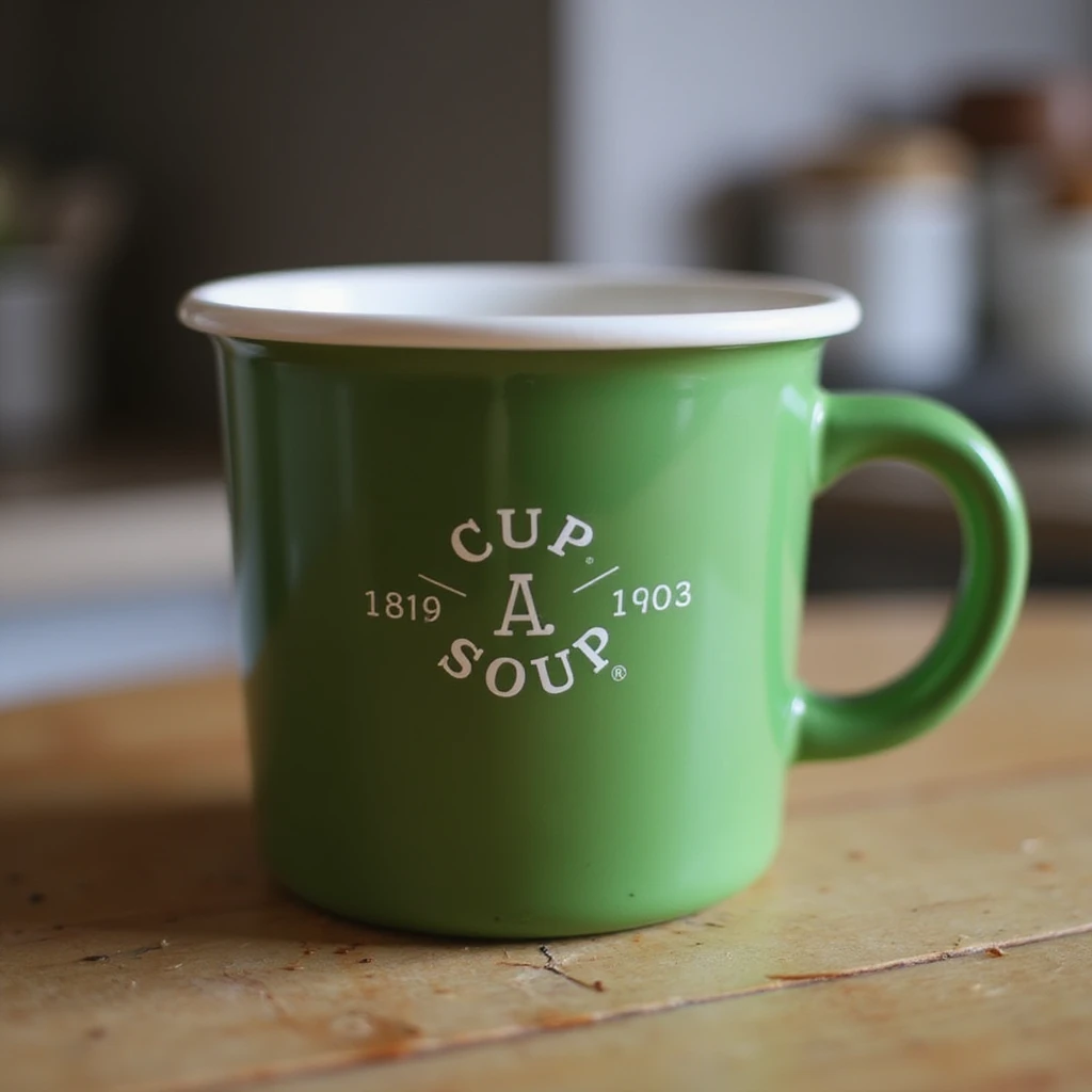 photorealistic green cup with the Cup A Soup logo, bold branding, on a kitchen counter emoji